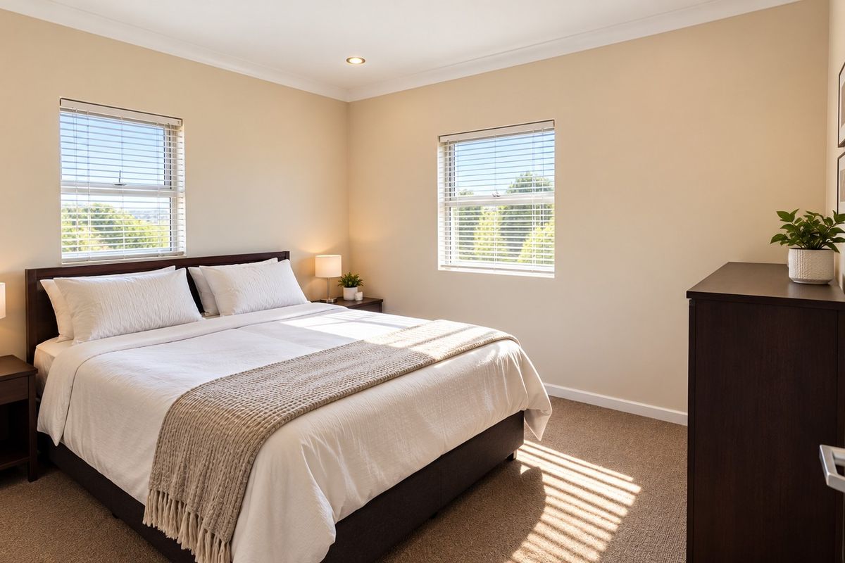 A well-maintained bedroom featuring neutral wall tones, carpeted flooring, and dual windows with fitted venetian blinds, providing a bright and comfortable living space.