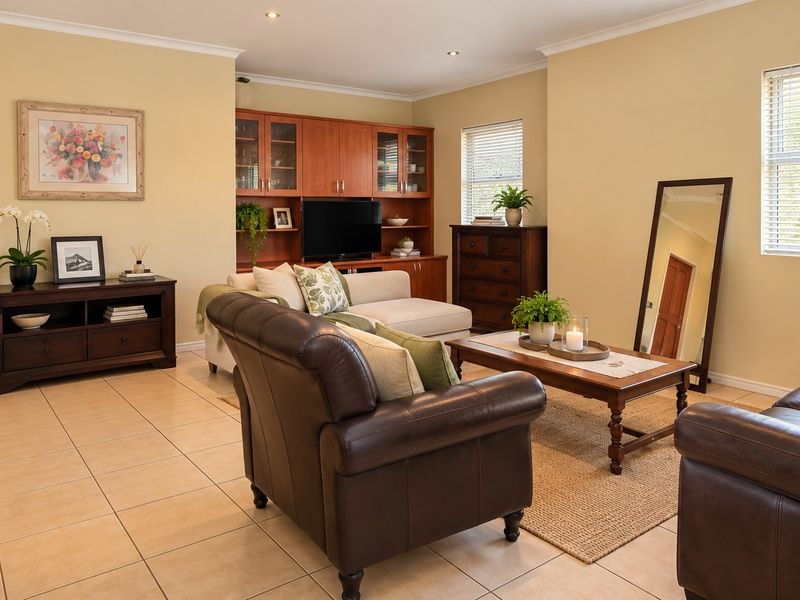 A spacious living room featuring neutral tiled flooring, recessed downlighting, and built-in wooden cabinetry, offering a comfortable and well-maintained living space.