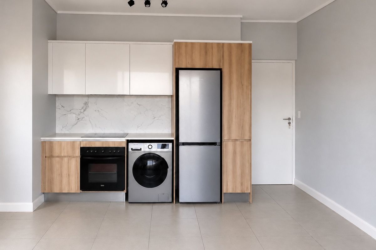 Modern kitchen featuring sleek white and wood-grain cabinetry, marble-look splashback, integrated oven, hob, and tiled flooring in a clean, contemporary open-plan space.