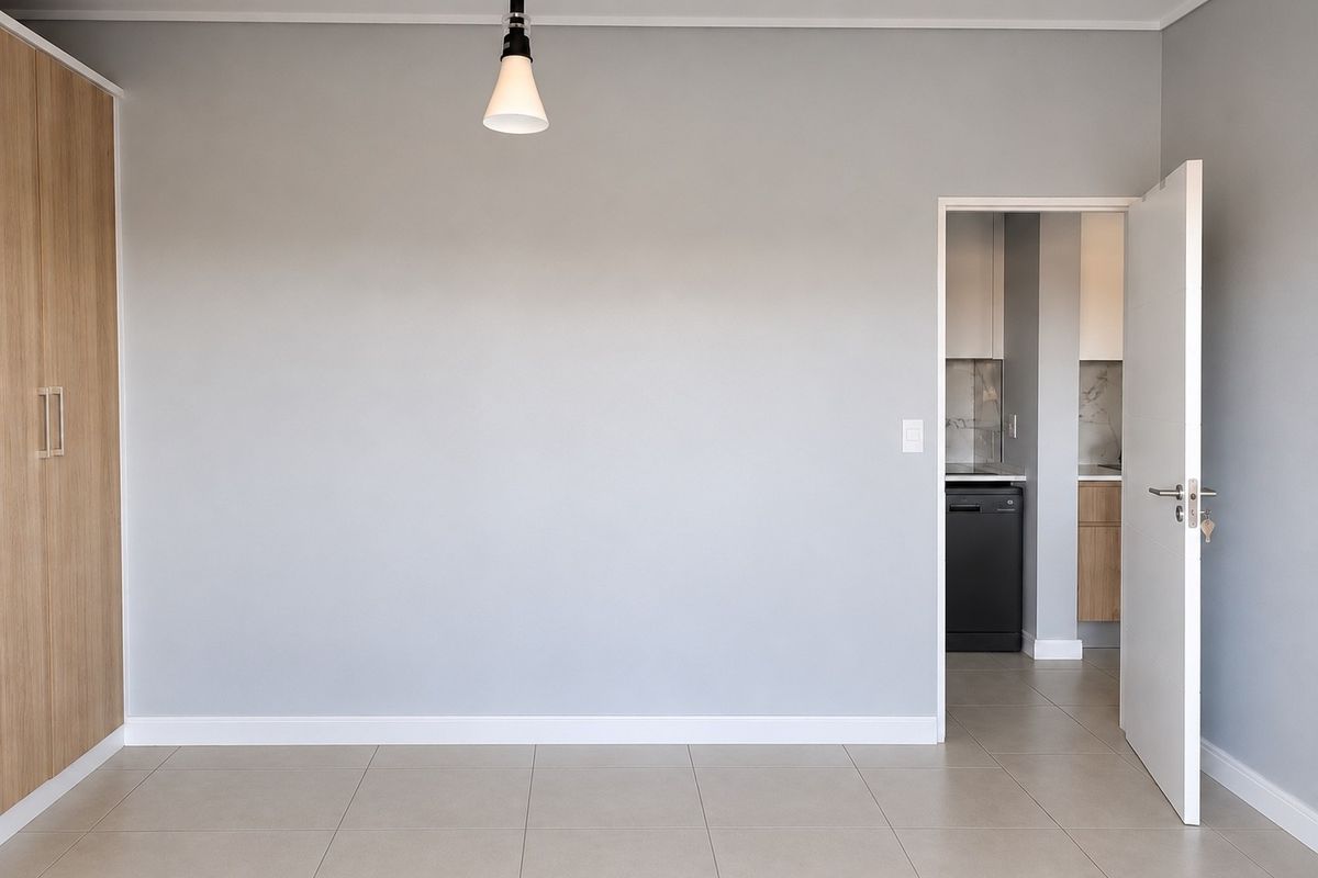 A bright, empty bedroom featuring neutral tiled flooring, a modern built-in wardrobe, and a clean, minimalist aesthetic with an adjacent view into the kitchen area.