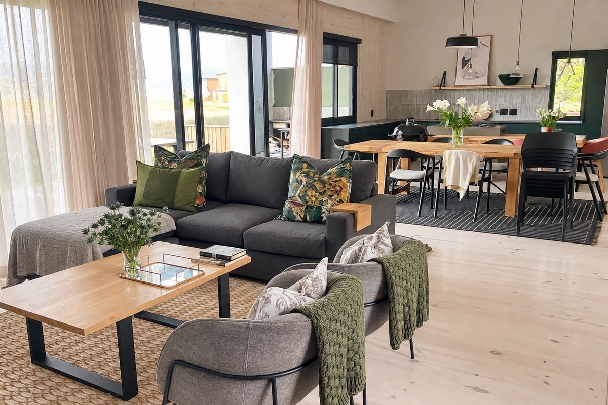 Spacious open-plan living and dining area featuring timber flooring, modern kitchen cabinetry, and large sliding glass doors leading to the outdoor space.