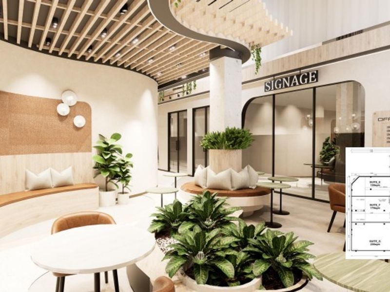 Modern office lobby featuring a slatted timber ceiling, built-in curved bench seating, and glass partitions, complemented by integrated signage and a floor plan overlay.