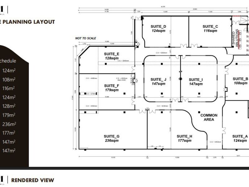 A detailed space planning layout for La Lucia Mall, showing the dimensions and configuration of various office suites and common areas.