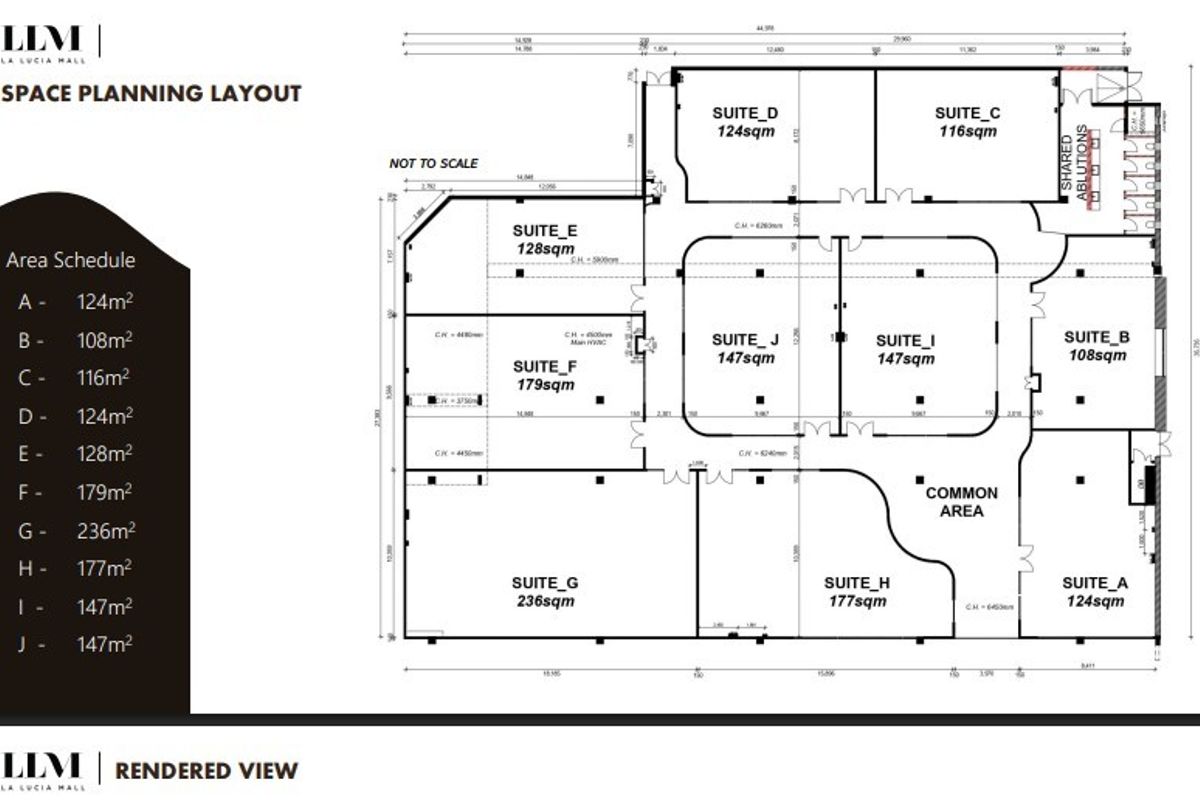 A detailed space planning layout for La Lucia Mall, showing the dimensions and configuration of various office suites and common areas.