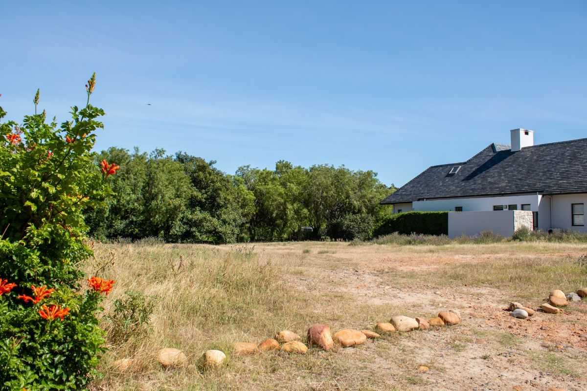 A view of a spacious residential plot featuring natural landscaping, mature trees, and a stone border, with a neighboring property visible in the background.