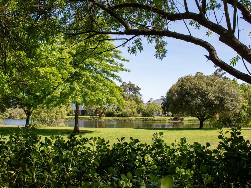 A scenic view of a tranquil lake surrounded by lush green trees and a well-maintained lawn, offering a peaceful natural outlook.