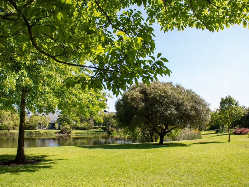 A beautifully maintained residential garden featuring a lush green lawn, mature trees, and direct access to a serene lake.
