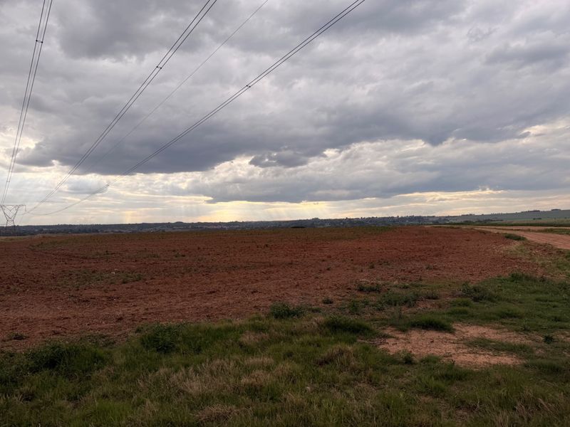 Expansive view of open farmland with a dirt road and overhead power lines under a cloudy sky.
