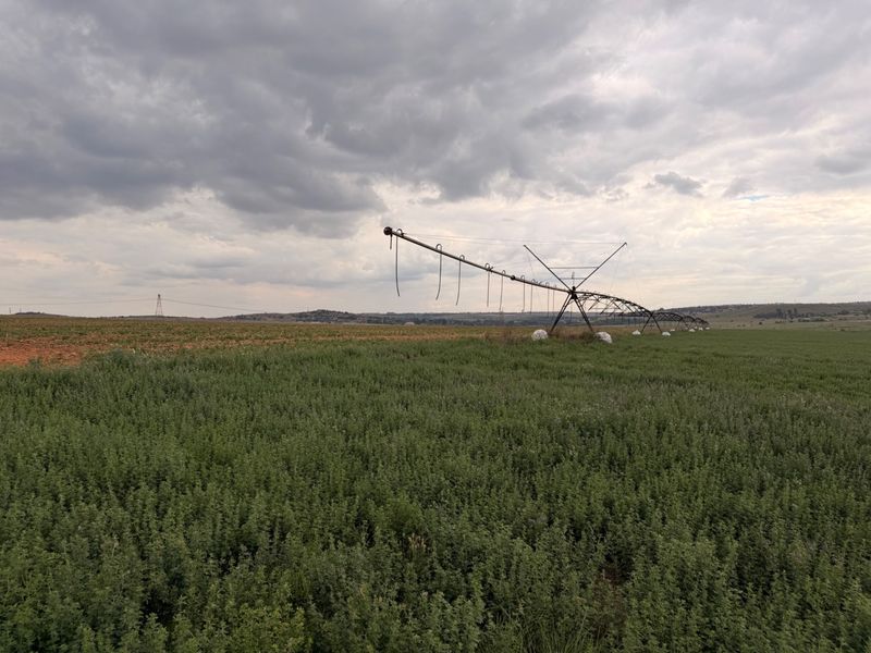 Expansive agricultural land featuring a center pivot irrigation system, showcasing the property's farming infrastructure and open landscape.