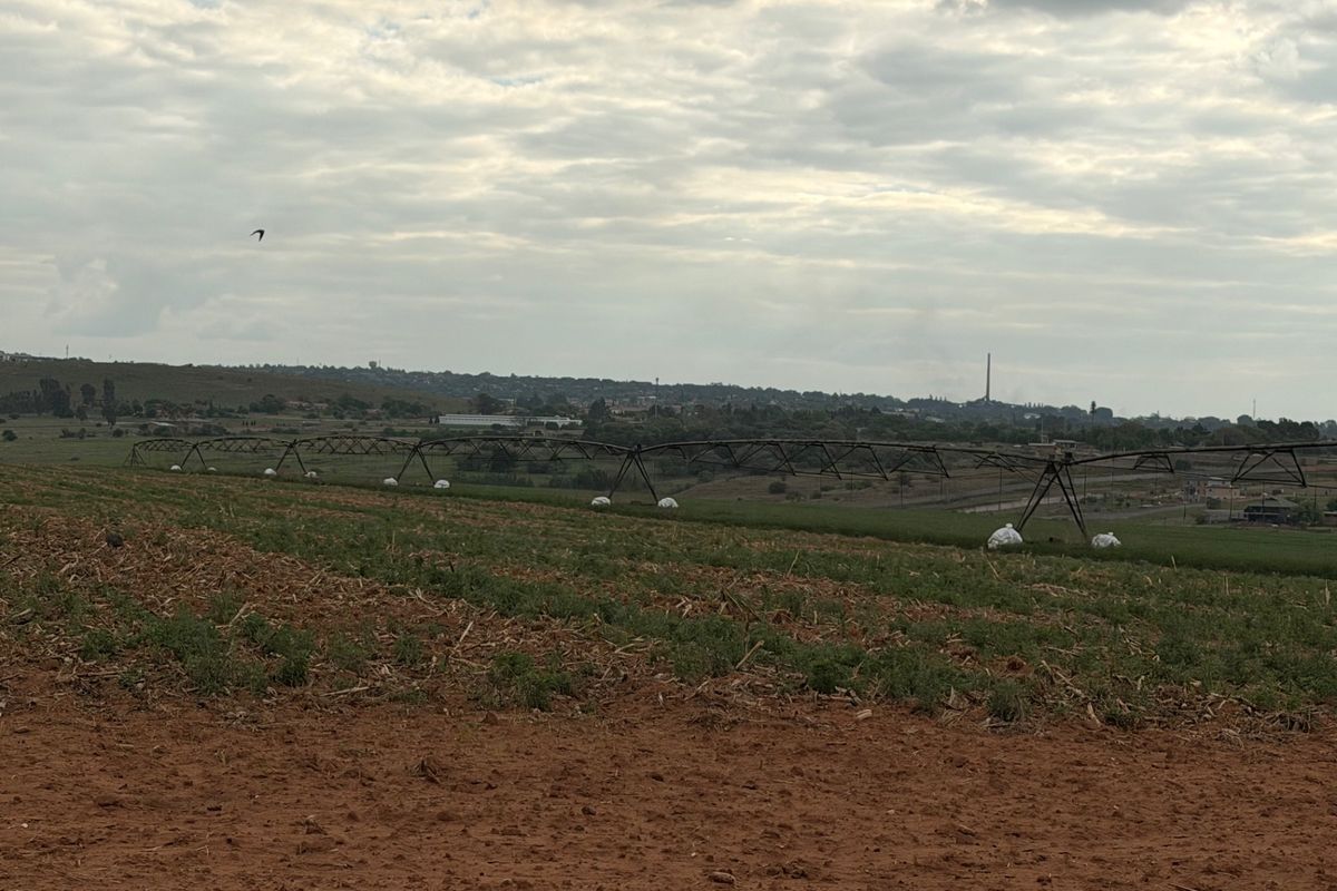 A wide view of the farm landscape featuring a large-scale center pivot irrigation system spanning across the cultivated fields.