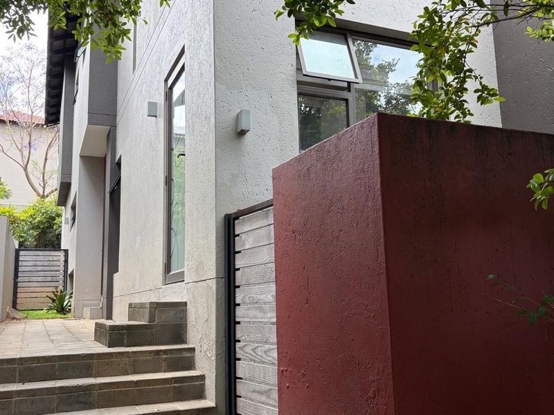 A side pathway featuring concrete steps, textured exterior walls, and a red feature wall leading towards the rear of the property.