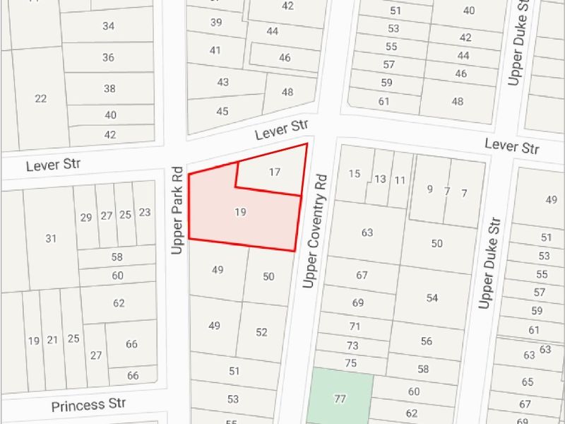 A cadastral map showing the property boundaries for plots 17 and 19 located at the intersection of Upper Park Road and Lever Street.
