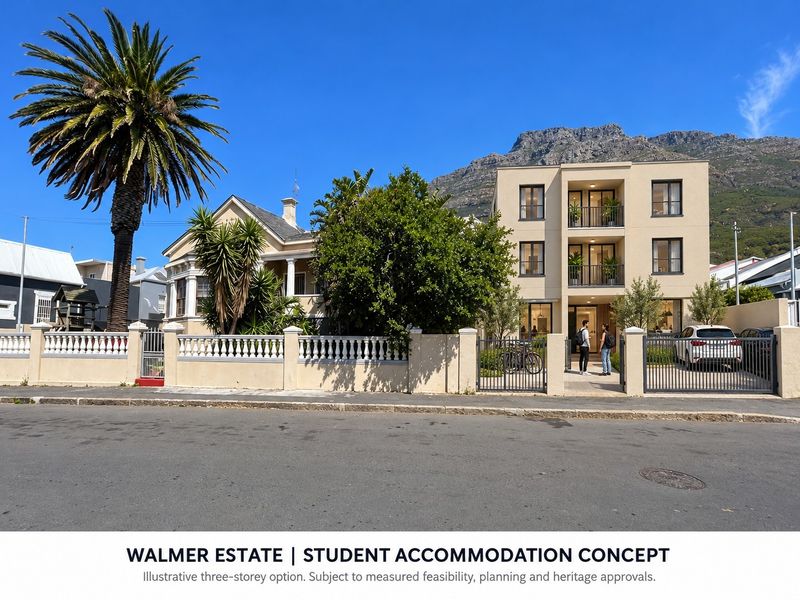 Street view of a property featuring a historic house alongside a modern three-storey student accommodation concept building with mountain views.