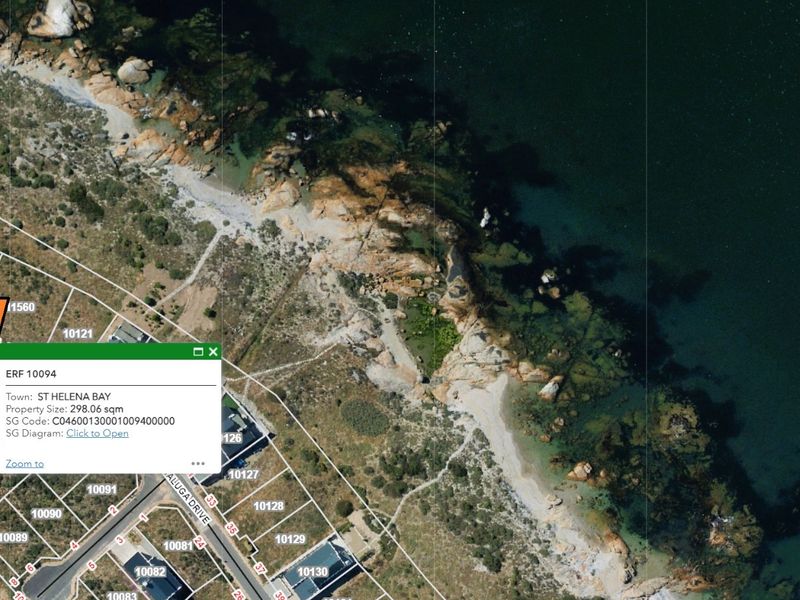 An aerial view showing the cadastral boundaries and location of the vacant residential land parcel in St Helena Bay.