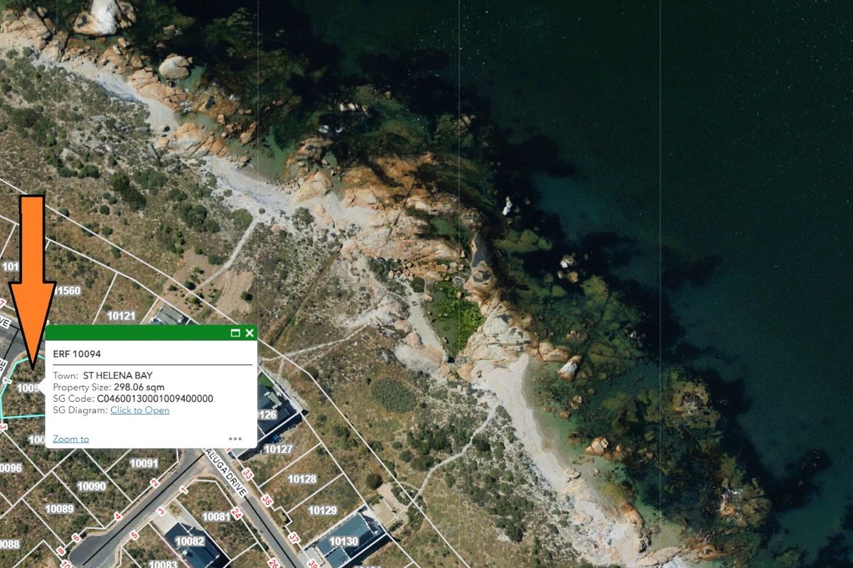 An aerial view showing the cadastral boundaries and location of the vacant residential land parcel in St Helena Bay.