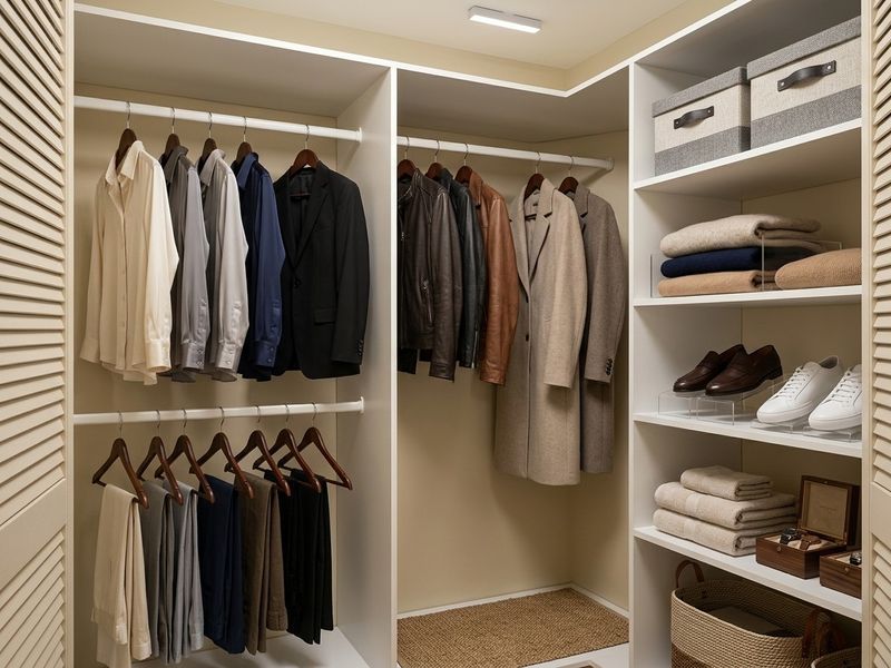 A well-organized walk-in closet featuring custom built-in shelving, hanging rails, and louvered doors for efficient storage.