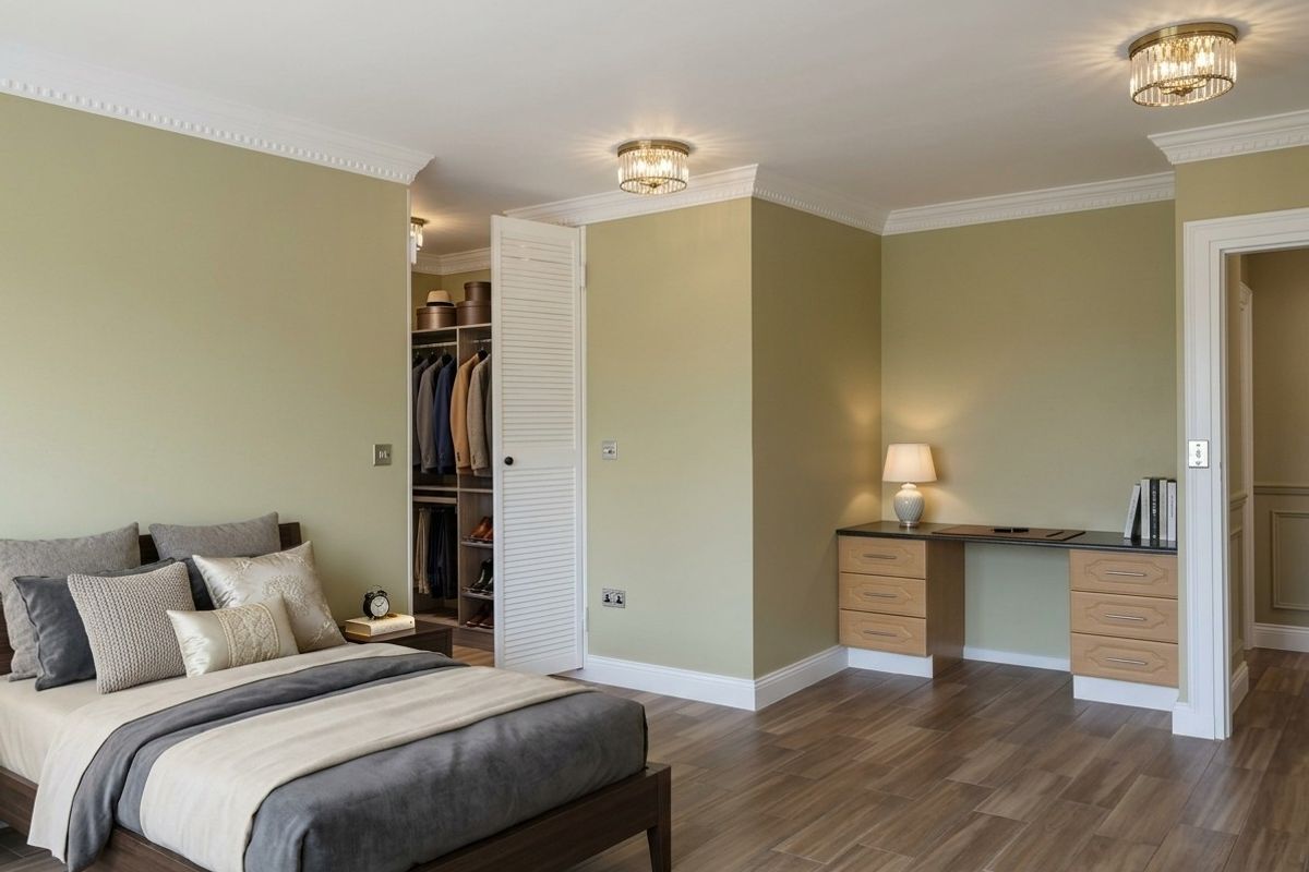 Spacious bedroom featuring sage green walls, wood-look flooring, crown molding, a built-in desk area, and a walk-in wardrobe with louvered doors.