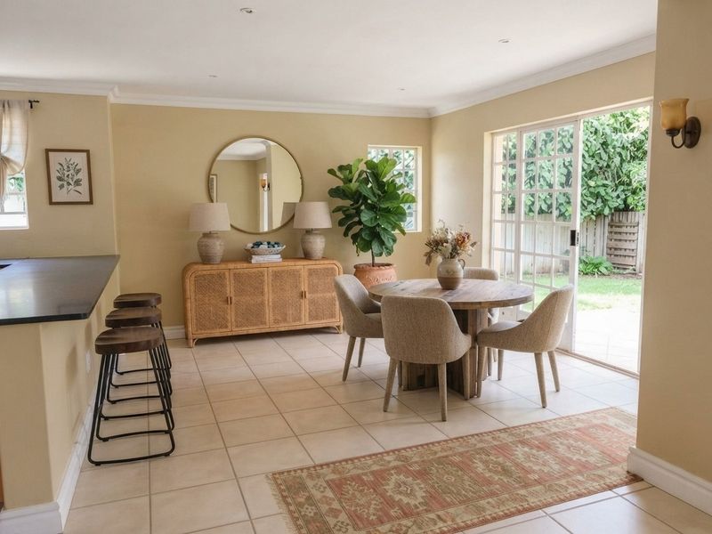 Bright open-plan living and dining area featuring ceramic tile flooring, recessed lighting, and sliding glass doors providing direct access to the rear garden.
