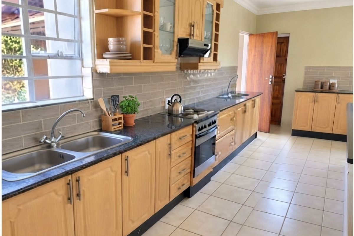 A functional kitchen featuring wooden cabinetry, granite countertops, a double bowl sink, and a tiled backsplash, offering a practical layout for daily meal preparation.