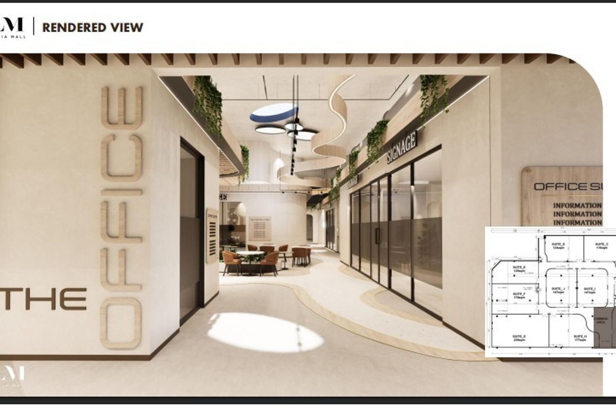 A modern office lobby area featuring glass partitions, contemporary ceiling design, and integrated signage, presented as a professional architectural rendering.