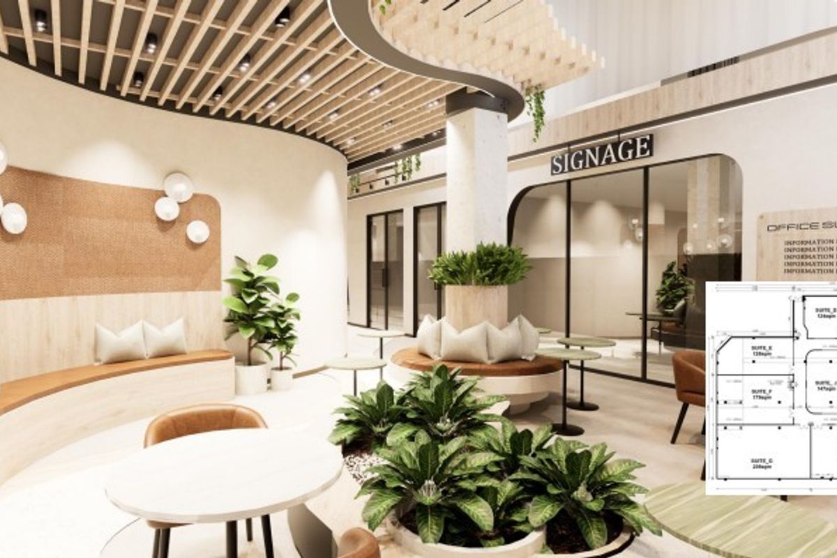 Modern office lobby featuring a slatted timber ceiling, curved built-in bench seating, and glass-partitioned office suites with integrated signage.