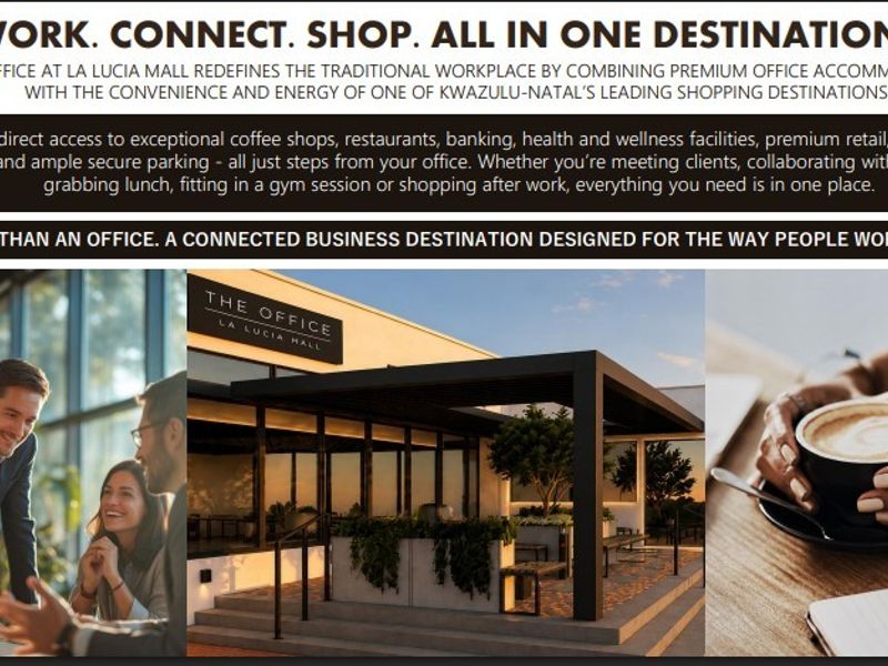 A promotional marketing collage for The Office at La Lucia Mall, showcasing office exterior and lifestyle imagery.