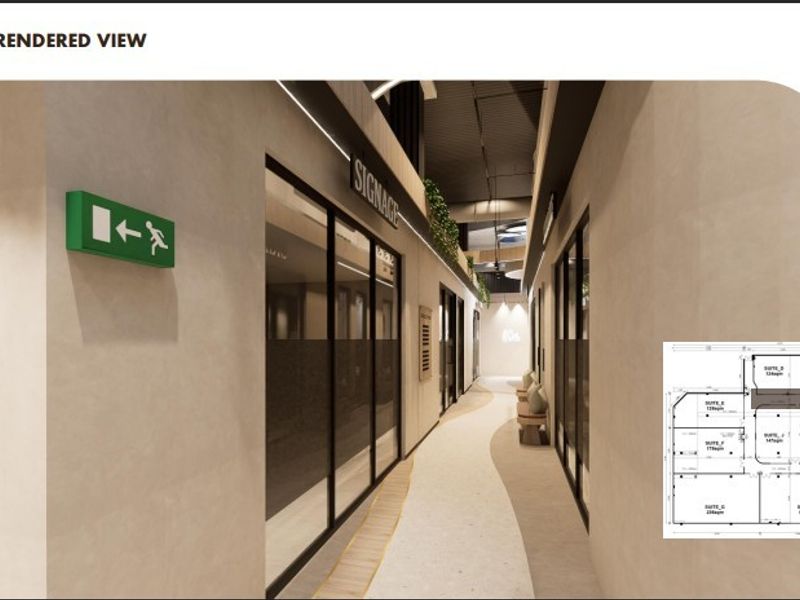 A modern office hallway featuring glass storefront partitions, recessed lighting, and an emergency exit sign, presented as a professional architectural render.