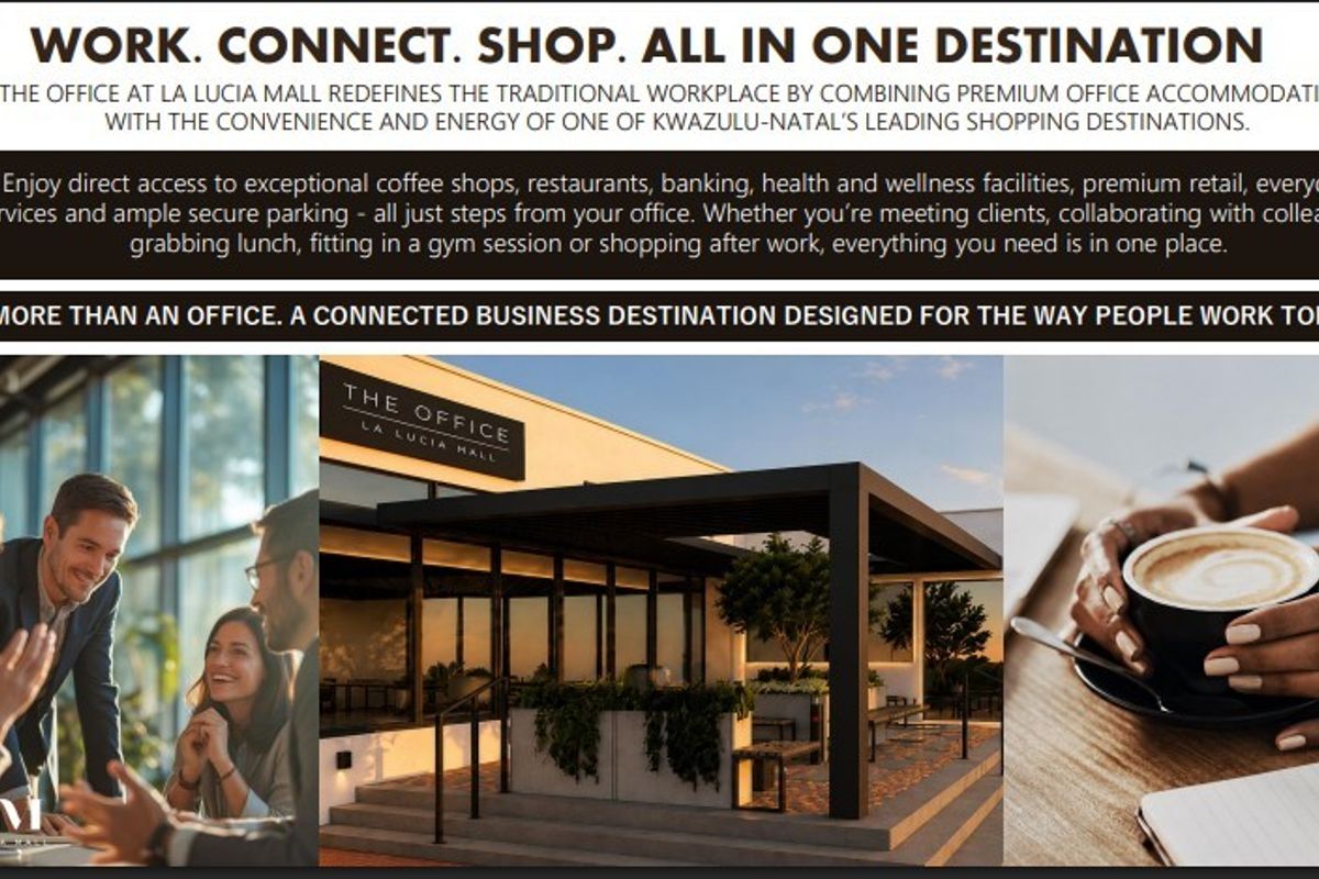 A promotional marketing collage for The Office at La Lucia Mall, featuring exterior building views and lifestyle imagery.