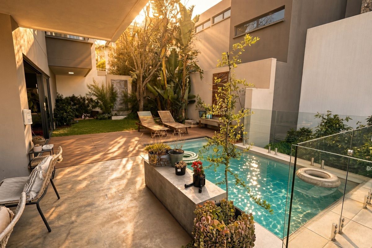 A modern outdoor entertainment area featuring a swimming pool with glass balustrades, timber decking, and a landscaped garden setting.