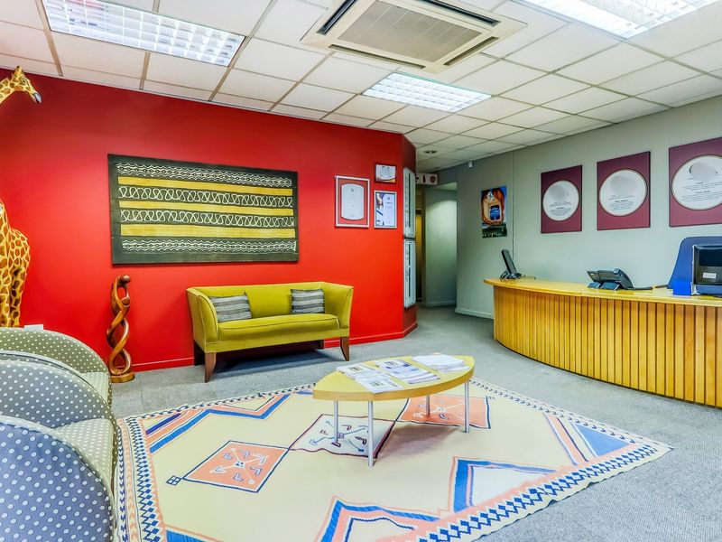 A professional office reception area featuring a curved wooden reception desk, suspended ceiling tiles, and recessed lighting in a bright, welcoming space.