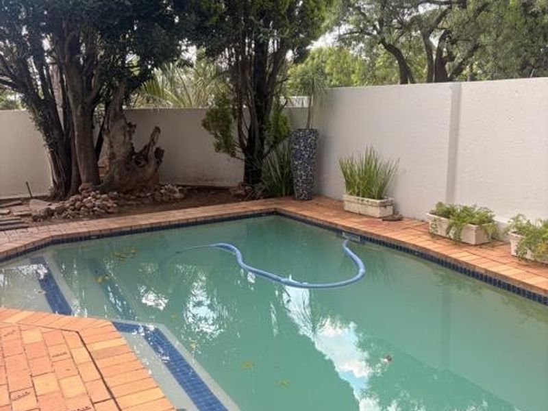 A private swimming pool area featuring brick paving, a surrounding boundary wall, and mature trees providing shade.