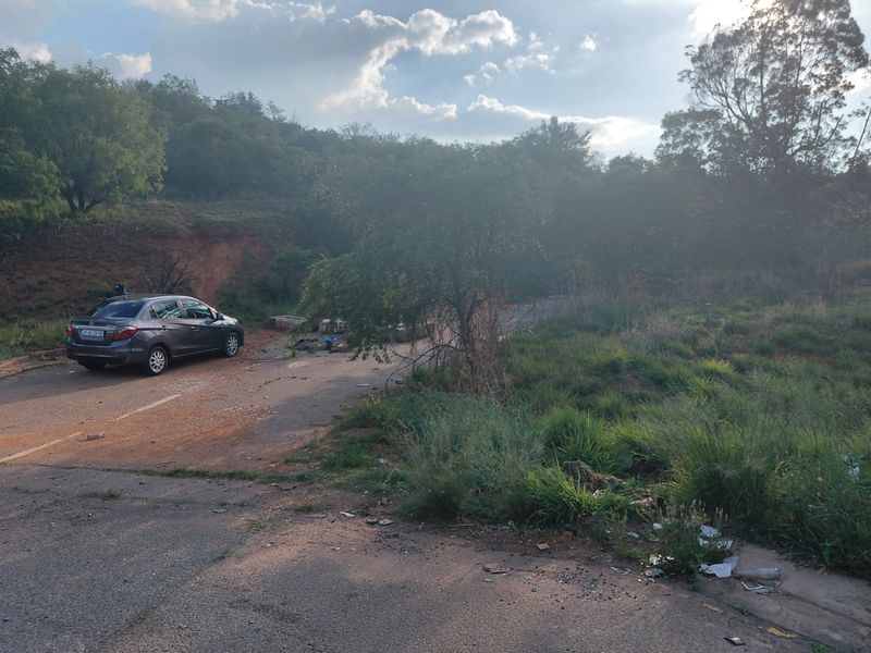 A view of the vacant commercial land featuring an asphalt driveway and sloped, overgrown terrain.