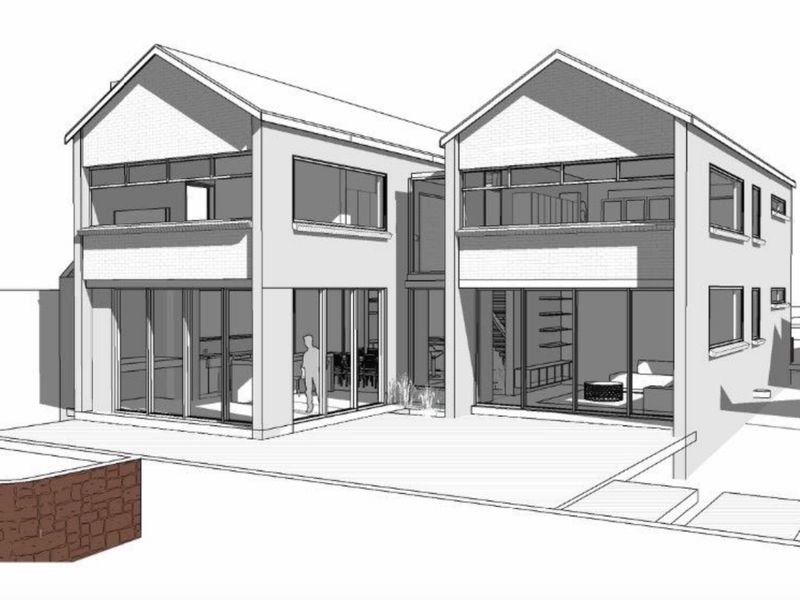 Architectural rendering of a modern two-story residential property featuring a rear patio and large glass sliding doors.