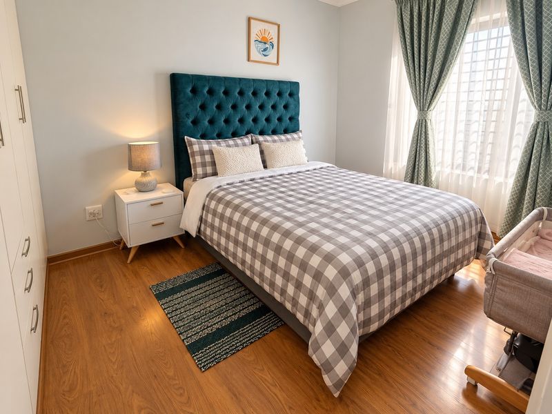 A well-maintained bedroom featuring laminate flooring and built-in cupboards, offering a comfortable and functional living space.