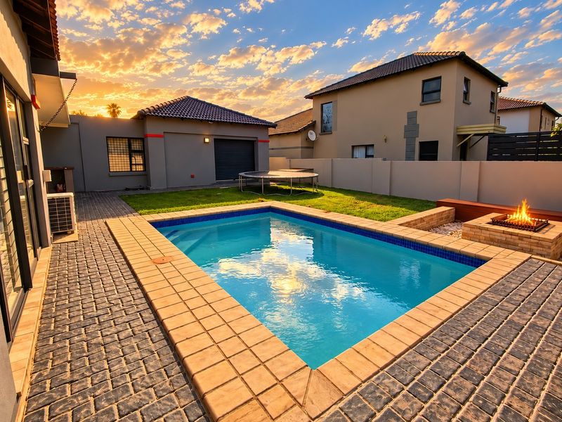 A well-maintained backyard featuring a swimming pool, paved patio area, and a built-in fire pit, set against a sunset backdrop.