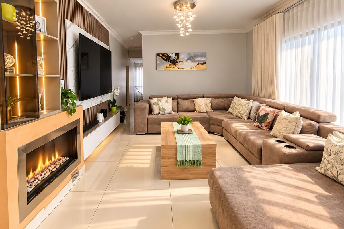 Modern living room featuring a sleek built-in fireplace, elegant slatted timber wall paneling, marble-look accents, and polished porcelain floor tiles.