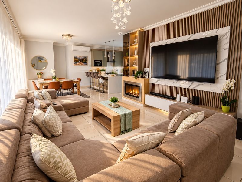 Modern open-plan living area featuring a striking slatted timber feature wall, built-in fireplace, marble-look TV surround, and a sleek, contemporary kitchen.