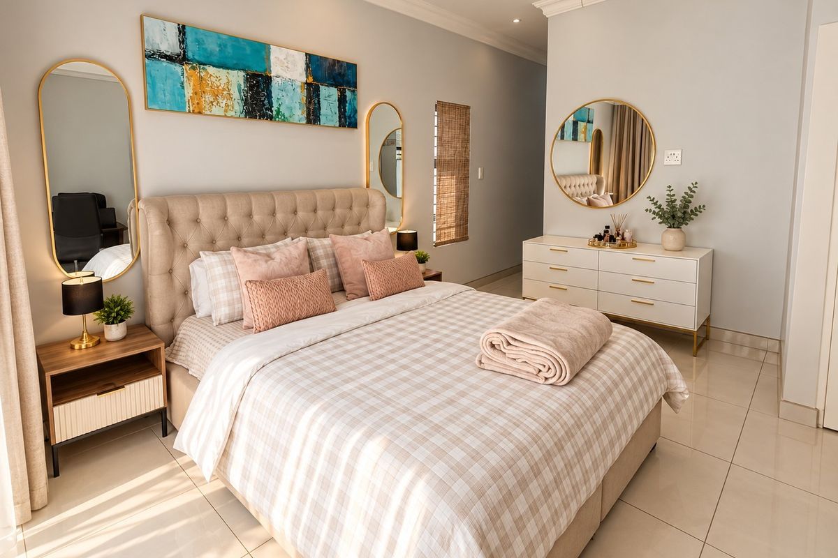 A well-maintained bedroom featuring neutral tiled flooring, recessed ceiling lighting, and elegant crown molding, creating a bright and comfortable living space.
