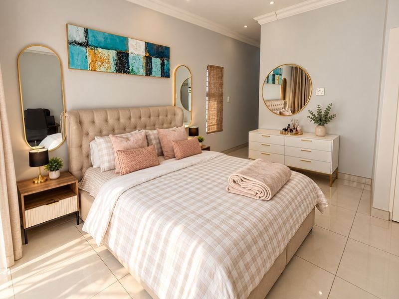 A well-maintained bedroom featuring neutral tiled flooring, recessed ceiling lighting, and elegant crown molding, creating a bright and comfortable living space.