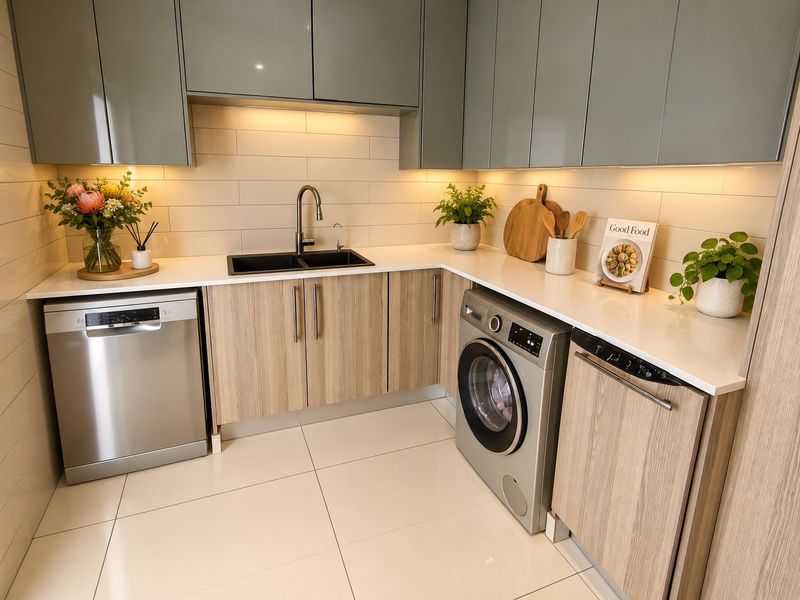 Modern scullery featuring sleek grey and wood-grain cabinetry, quartz countertops, integrated appliances, and high-quality tiled finishes.