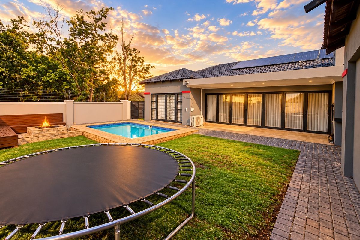 A beautifully landscaped rear garden featuring a swimming pool, built-in fire pit, paved pathways, and modern home exterior with solar panels at sunset.