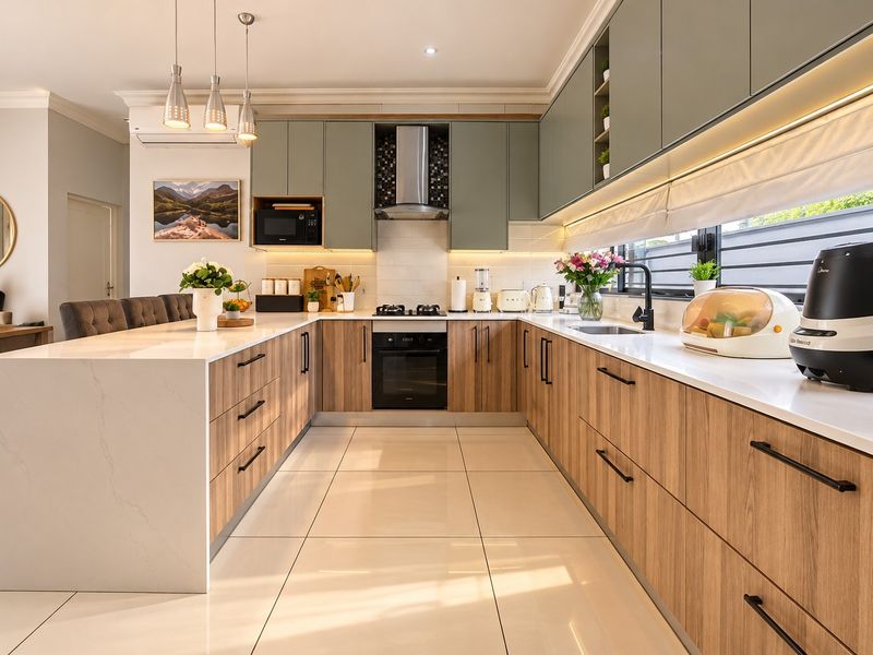 Modern kitchen featuring wood-grain cabinetry, white quartz countertops, integrated appliances, and sleek tiled flooring with warm under-cabinet lighting.