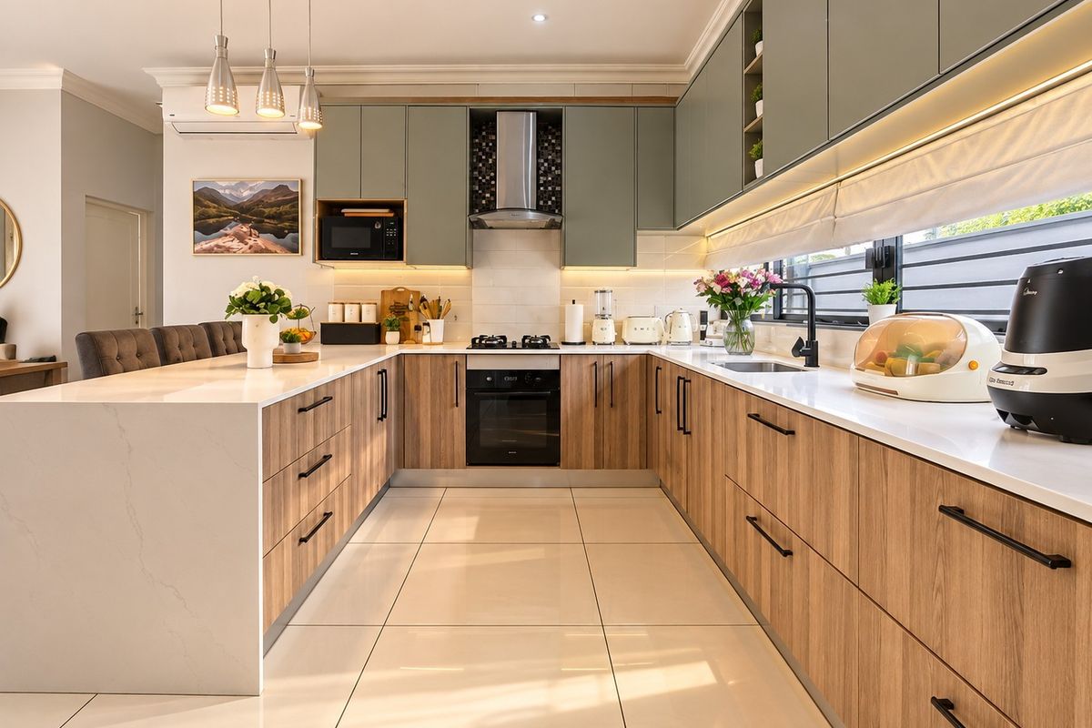 Modern kitchen featuring wood-grain cabinetry, white quartz countertops, integrated appliances, and sleek tiled flooring with warm under-cabinet lighting.