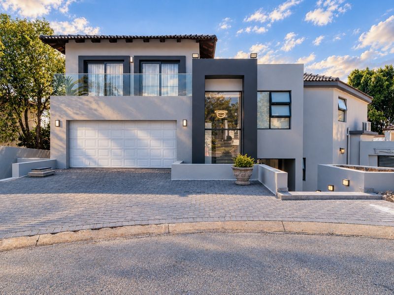 Modern double-storey residential facade featuring a paved driveway, double garage, and contemporary architectural finishes with glass balustrades.