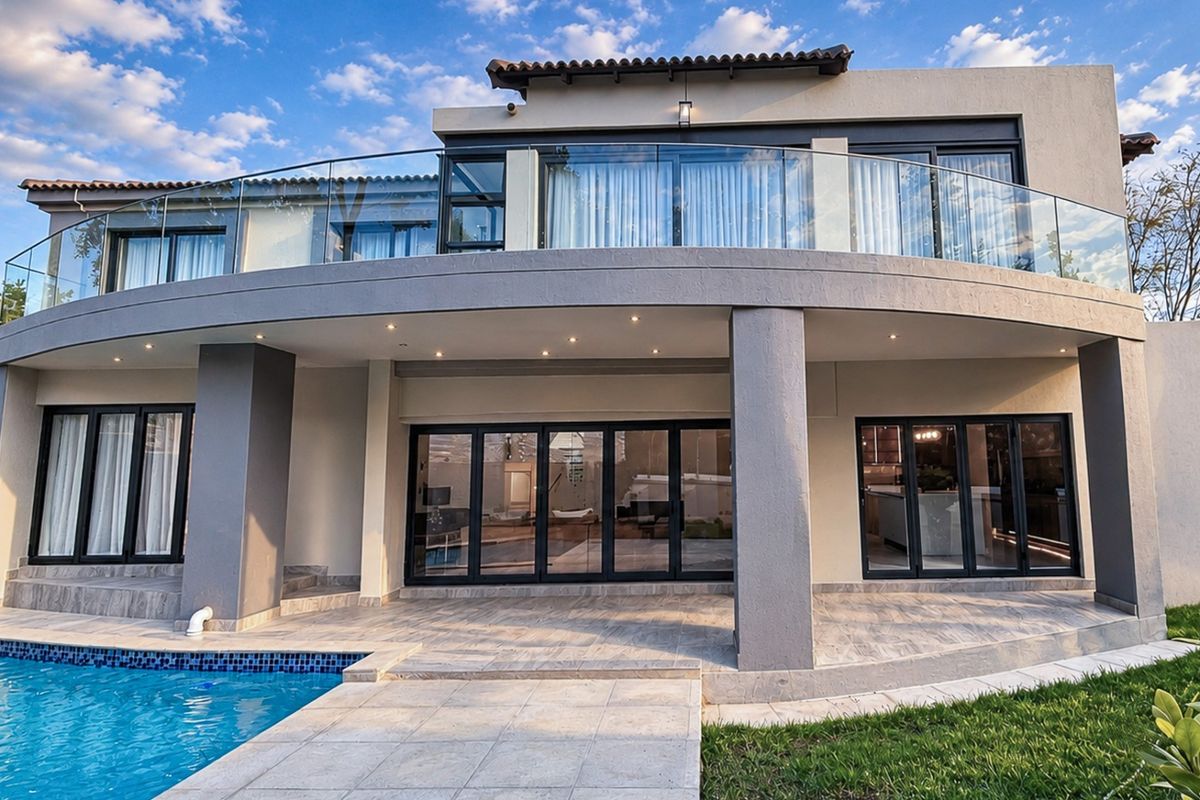 A modern rear elevation featuring a spacious tiled patio, swimming pool, and a curved upper balcony with a sleek glass balustrade.