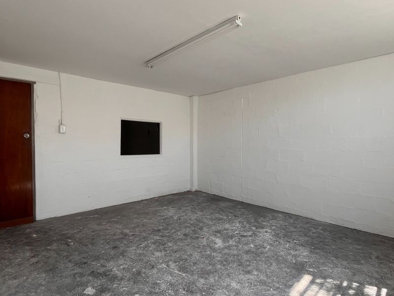 A vacant utility space featuring painted block walls, a concrete floor, a timber door, and a fluorescent light fixture.