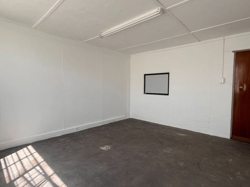 An empty utility space featuring painted block walls, a timber door, and a fluorescent light fixture, suitable for storage or workshop use.
