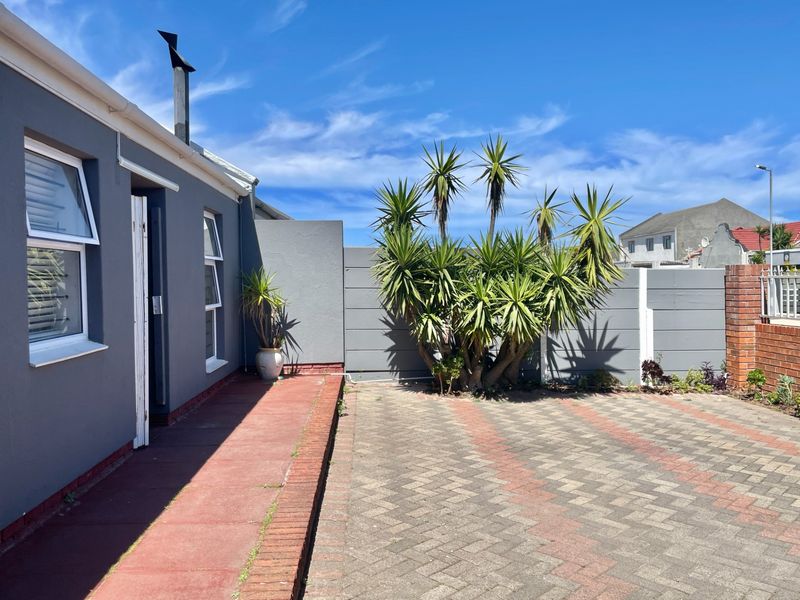 A paved rear courtyard area featuring a grey exterior wall, boundary fencing, and established landscaping.