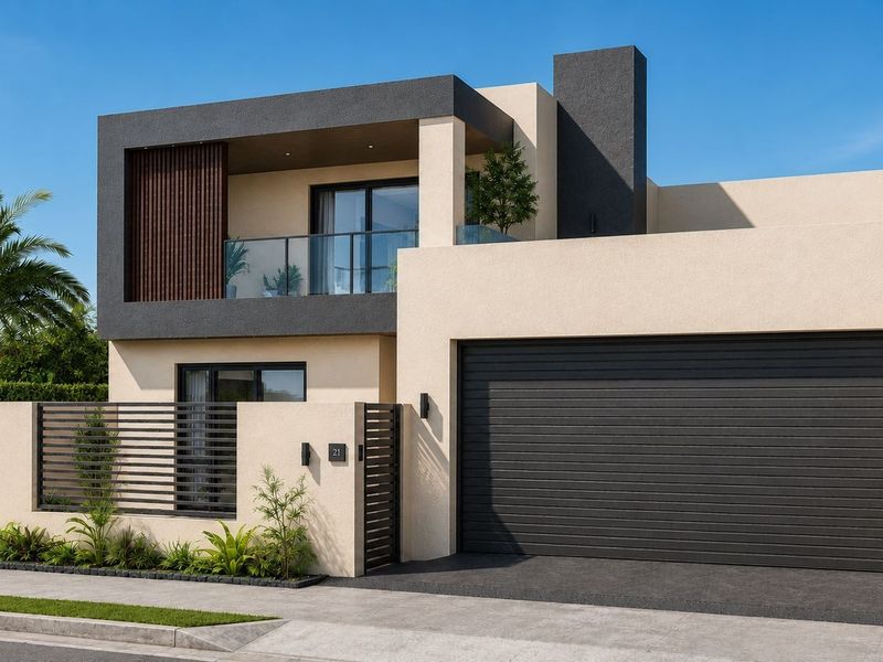 Modern two-story residential facade featuring a sleek garage, balcony with glass balustrade, and contemporary architectural finishes.