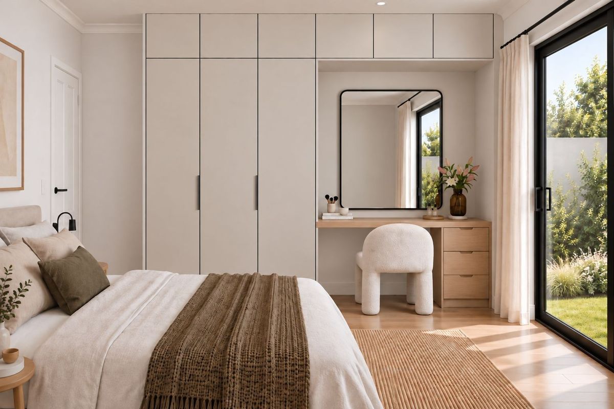 Modern bedroom featuring floor-to-ceiling built-in wardrobes, an integrated vanity station, and large sliding glass doors providing direct access to the garden.